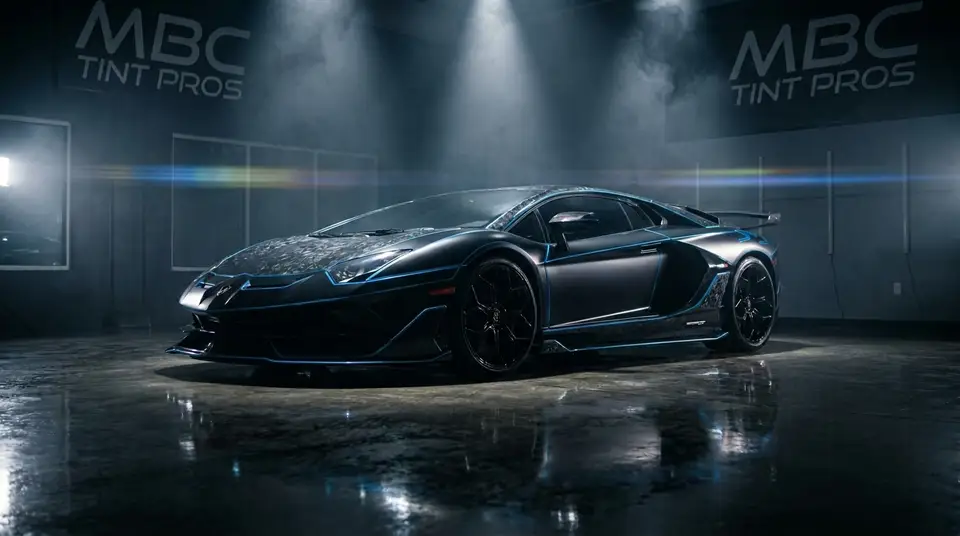 Lamborghini with a vinyl wrap in the MBC Tint Pros Houston shop